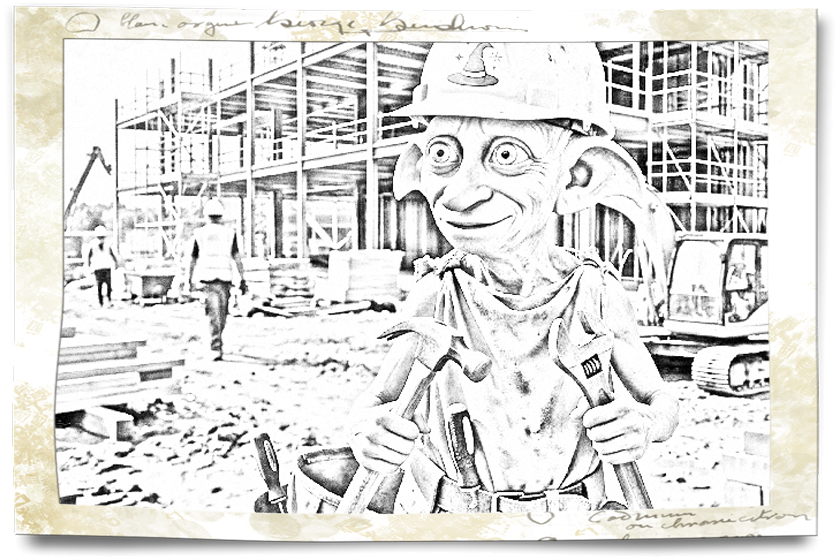 Ein Elf hält auf einer Baustelle Werkzeug in der Hand
